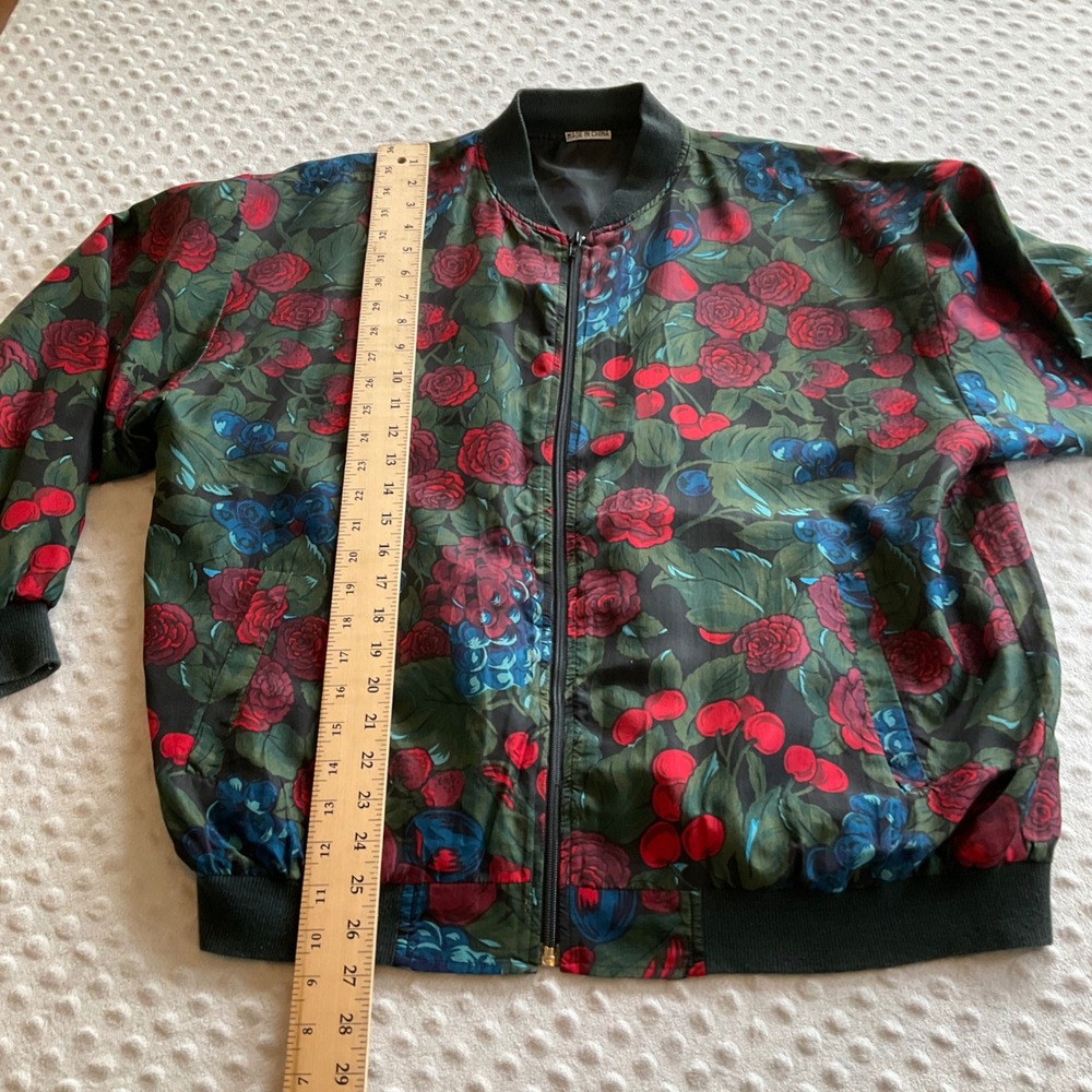 Vintage Silk Bomber Jacket‎ Womens OSFM Green Floral Rose Cherry Fruit Print - Picture 5 of 11